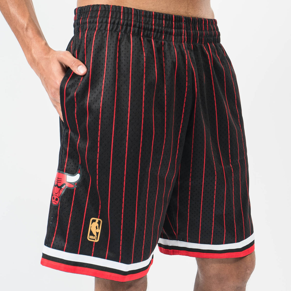 JustOneVintage Chicago Bulls Script Mitchell & Ness HWC 1997 Edition NBA (Sewn/Stitched) Red Pinstripe Re-Take Gradient Swingman Basketball Shorts Gym