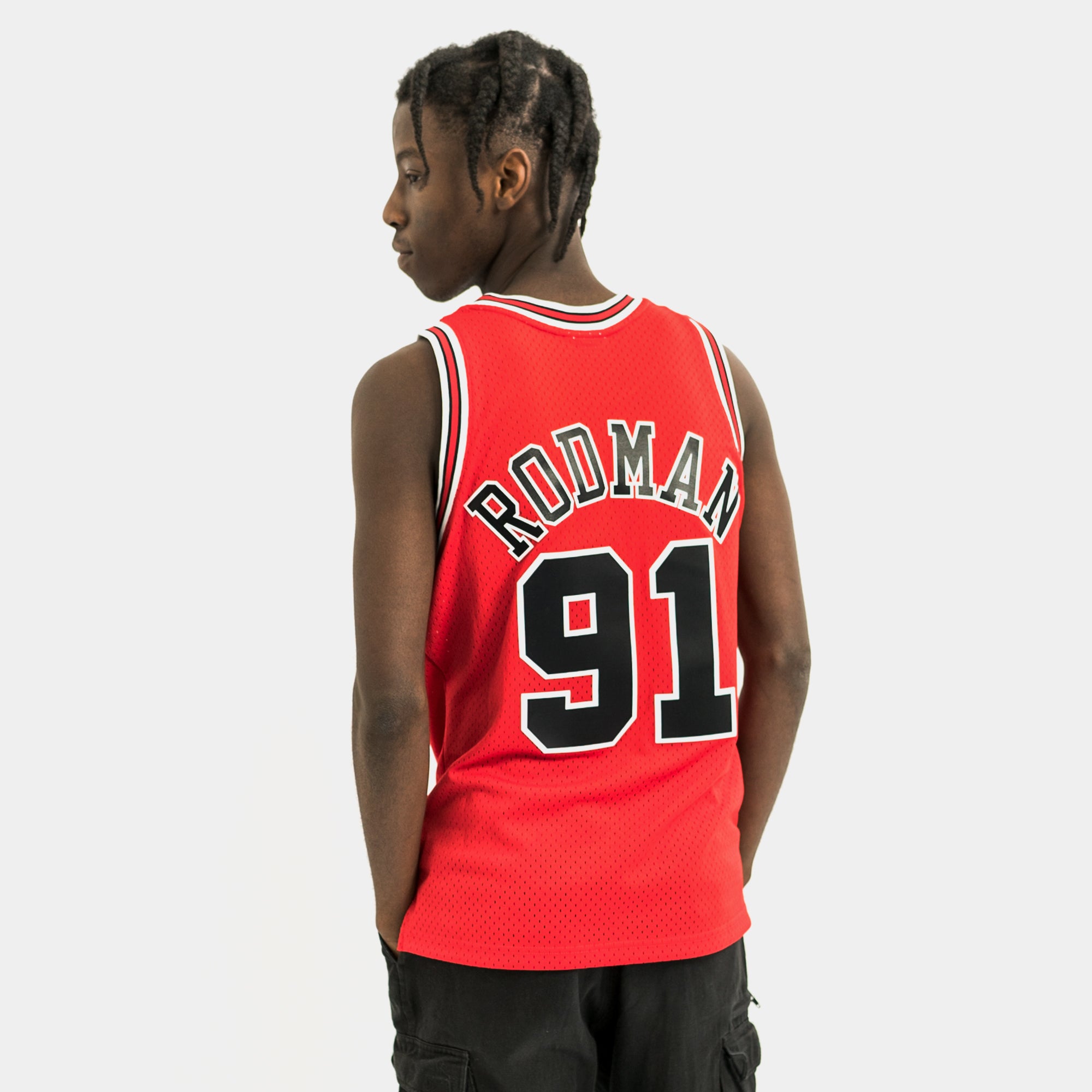 DENNIS RODMAN Chicago Bulls Throwback Jersey - Black Red Pinstripe - Size  Large