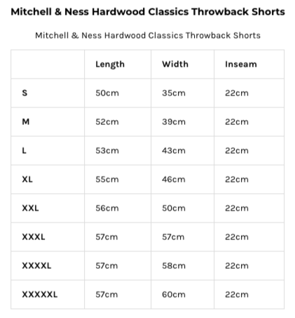 Hardwood classics size store chart