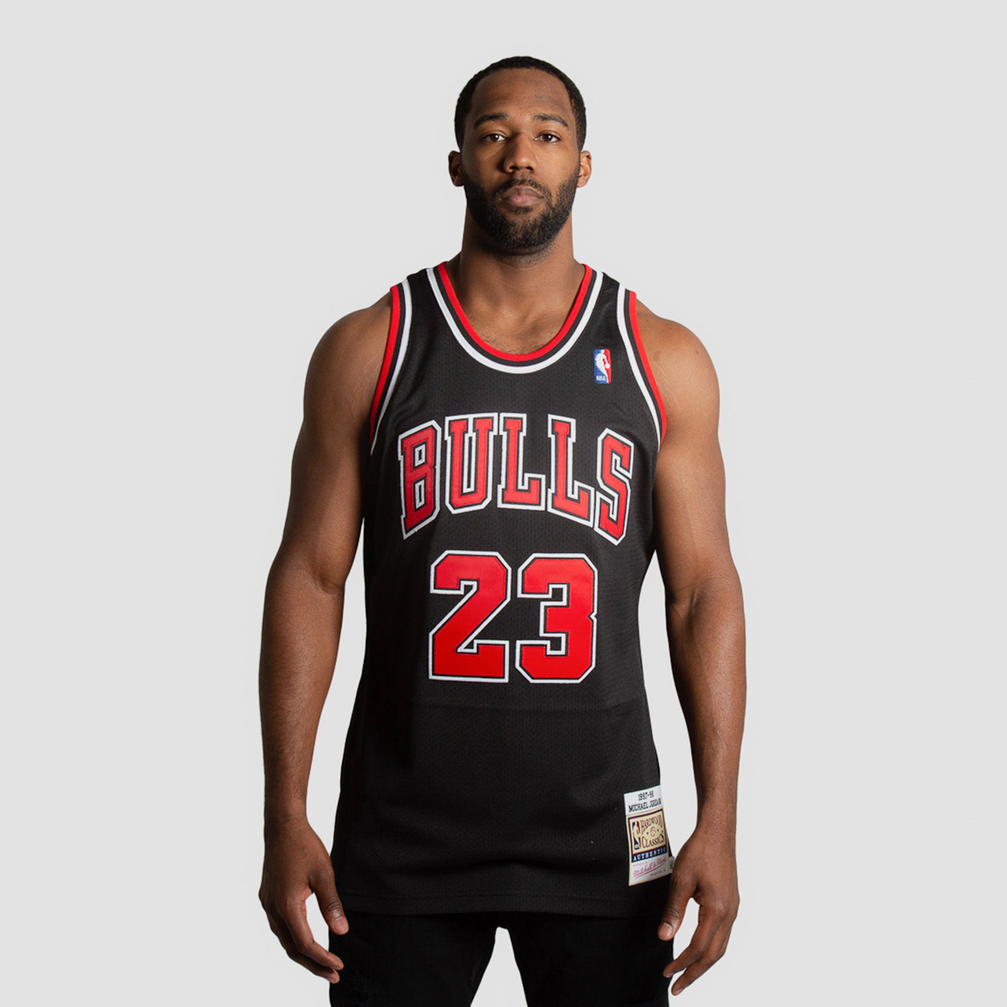 New w/Tags Jordan Authentic Bulls Pinstripe Jersey (Black w/Red) Size 44